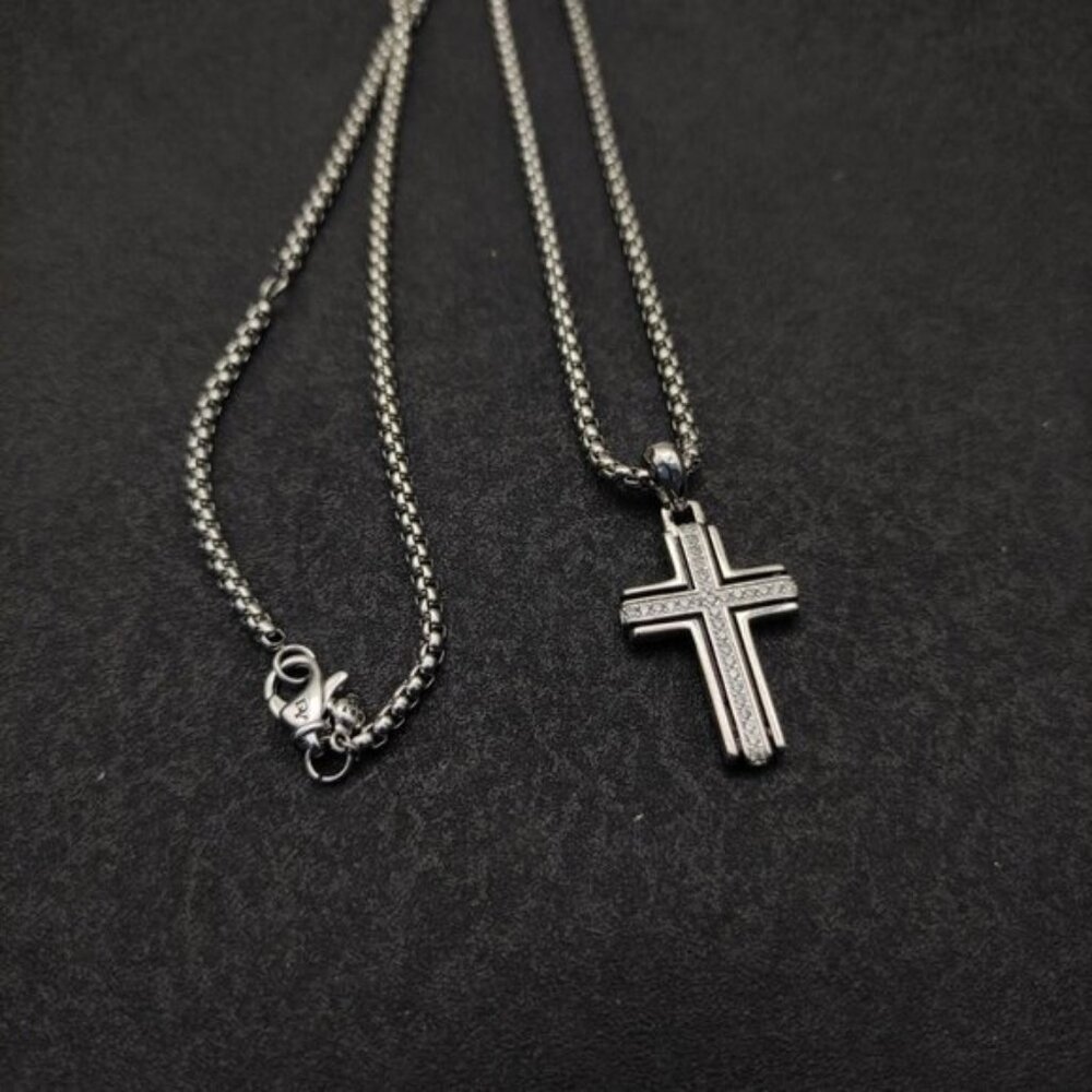 David Yurman Silver Cross Diamond Necklace